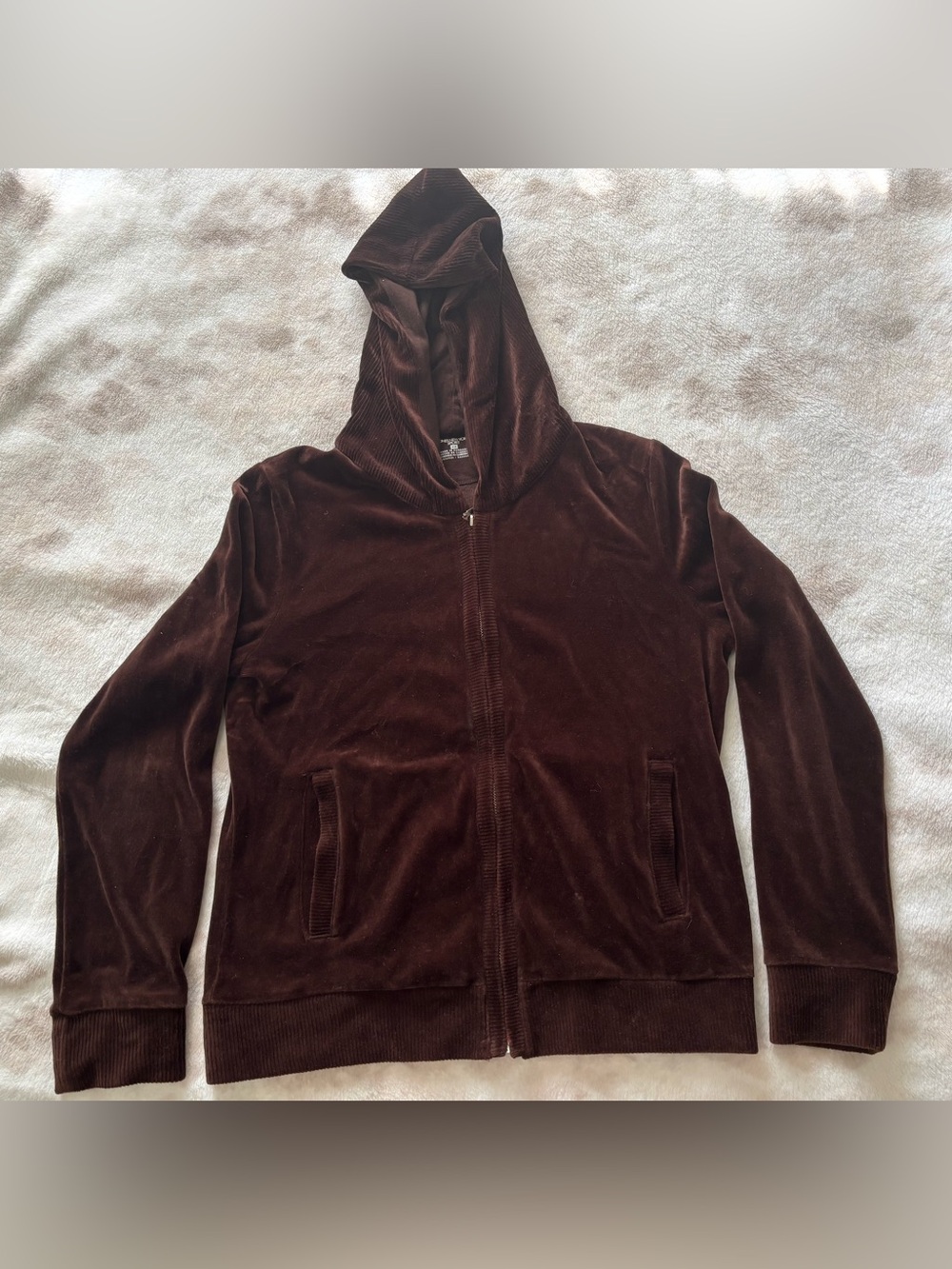 Jones New York Women’s Vintage Hoodie Dark Brown Velour Zip-Up Hoodie M
